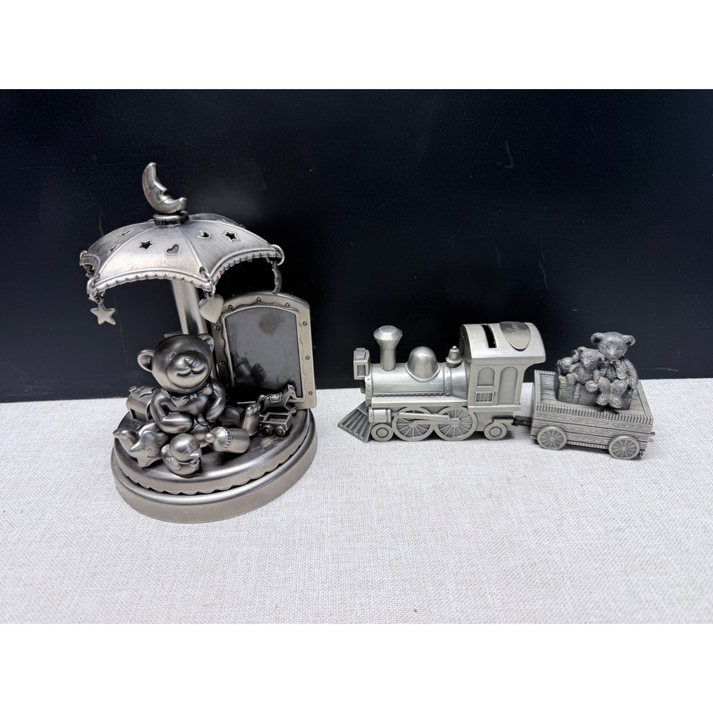 Pewter Baby Keepsake Set Musical Carousel Frame Train‎ Bank Tooth & Curl Box